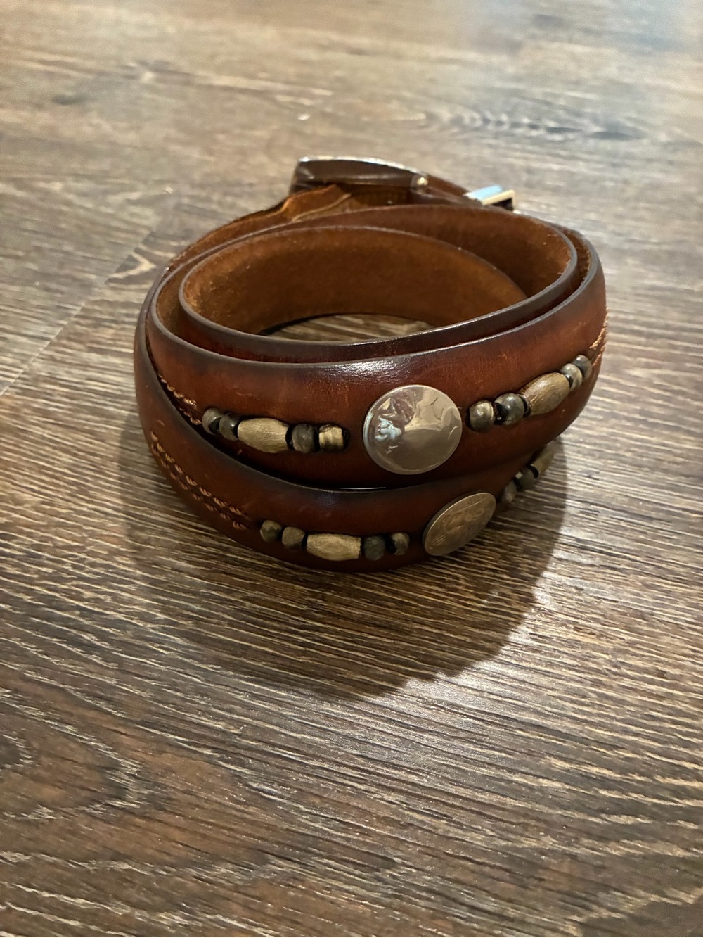 Brighton Brown Leather Wrap Belt with Metal Bead Accents